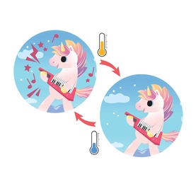 Tiger Tribe colour-changing book showing unicorn illustration transforming between warm and cool temperature designs, multi-coloured