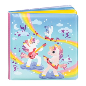 Tiger Tribe multi-coloured children's bath book featuring unicorns playing instruments with rainbow and cloud illustrations