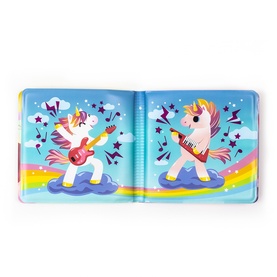 Tiger Tribe multi-coloured children's book open spread showing two cartoon unicorns playing electric guitar and keyboard with rainbows and stars