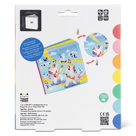 Tiger Tribe multi-coloured unicorn arts and crafts book, back of packaging showing rainbow and unicorn pixel art design