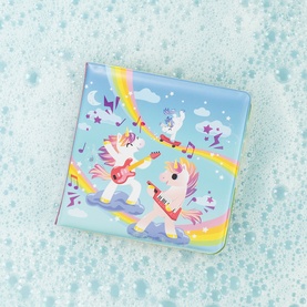 Tiger Tribe multi-coloured children's bath book featuring unicorns with guitars and rainbows, shown in soapy water