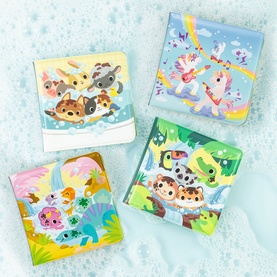 Tiger Tribe multi colourful children's bath books set of four, featuring cute animal illustrations including unicorns, cats and jungle characters