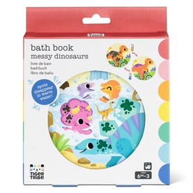 Tiger Tribe Messy Dinosaurs Bath Book in multicolour packaging, featuring playful cartoon dinosaur illustrations, suitable for ages 6 months to 3