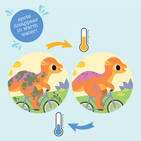 Tiger Tribe colour-changing activity book detail showing dinosaur illustration that transforms in warm water, with before and after circles