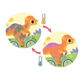 Tiger Tribe colour-changing book illustration showing dinosaur on bicycle transforming between warm and cool colours with temperature icons