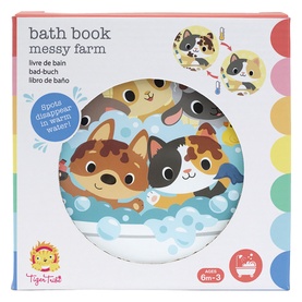 Tiger Tribe Messy Farm Bath Book in multi, square packaging featuring cartoon farm animals in a bubble bath, for ages 6 months to 3 years