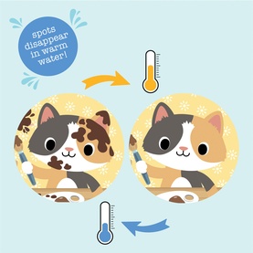 Tiger Tribe colour-change book detail showing cartoon cat illustration that reveals hidden spots when submerged in warm water