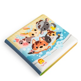 Tiger Tribe multi-coloured children's bath book featuring cartoon farm animals including a cat, cow, pig and giraffe in a bubble bath