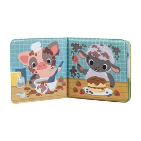 Tiger Tribe multi-coloured children's board book open showing illustrated pig and sheep characters baking with strawberries and cake