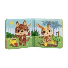 Tiger Tribe children's board book open showing illustrated fox and rabbit characters playing in a garden, in multicolour