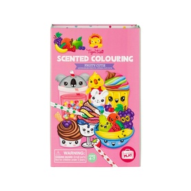 Tiger Tribe Scented Colouring set in multi, front of box featuring kawaii-style food and animal characters, pencils included