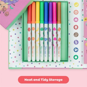 Tiger Tribe multi-coloured felt-tip markers in open polka-dot gift box with neat and tidy storage design, fruit-themed caps