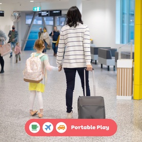 Mother and child walking through airport with luggage, promoting Tiger Tribe Colouring Pencils Portable Play for travel use