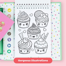 Tiger Tribe Colouring Pencils open sketchbook showing cute kawaii cupcake illustrations, with coloured pencils and stickers visible alongside