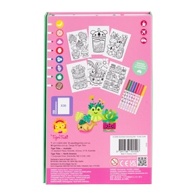 Tiger Tribe colouring set back of packaging showing multi-colour pencils and kawaii-themed colouring pages on pink box