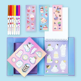Tiger Tribe sticker set in multi, with notepad, felt-tip pens, and sheets of colourful food and sweet-themed stickers
