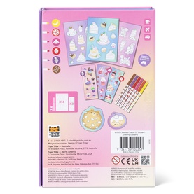 Tiger Tribe multi sticker set back of box, showing unicorn sticker sheets, felt-tip pens, and decorative activity contents