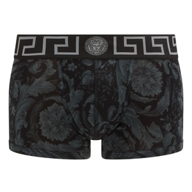 Versace Boxers in black and grey Barocco print with iconic Greek key waistband and Medusa logo detail.