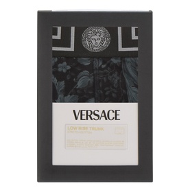 Versace Low Rise Trunk boxers in black and grey floral print with Greca waistband, presented in branded gift box packaging.