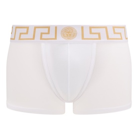 Versace Greca Border white boxer trunks with gold Greek key waistband and Medusa logo centrepiece