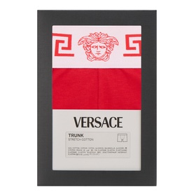 Versace Trunk Boxers in red and white, packaged in branded box with Medusa head and Greek key print waistband detail.