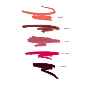 Victoria Beckham Beauty lip liner swatches in five shades: Fresco, Sienna, Rossa, Fiore and Rubino, ranging coral to deep burgundy