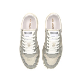 Axel Arigato grey low-top trainers, top-down view showing white lace-up front, suede and leather panelling, cream midsole.
