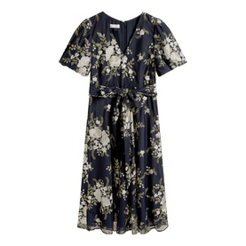 Hobbs midnight ivory floral print midi dress with flutter sleeves, V-neckline, and self-tie waist belt