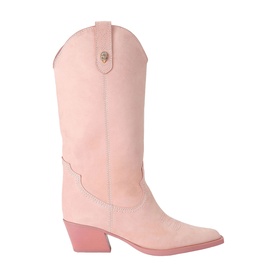 Kurt Geiger London pink suede cowboy boots with block heel, pointed toe, and gold logo detail at shaft