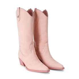 Kurt Geiger London pink leather cowboy boots with pointed toe, block heel, and pink sole, mid-calf height