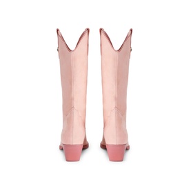 Kurt Geiger London pink leather knee-high cowboy boots, block heel, rear view showing pointed topline and tonal stitching detail