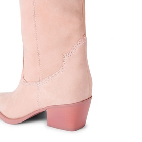 Kurt Geiger London pink suede cowboy boot, close-up of heel and shaft with tonal stitch detail and block heel