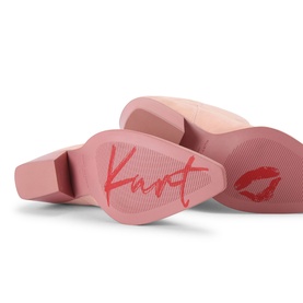 Kurt Geiger London pink heeled shoes showing sole detail with Kurt Geiger signature script and red lip logo print.