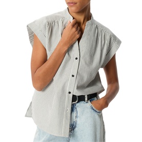 Model wearing Whistles white stripe sleeveless shirt with band collar, styled with light blue jeans and black belt.