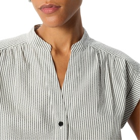 Model wearing Whistles white stripe short sleeve dress with mandarin collar and button front detail