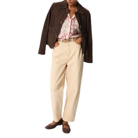 Model wearing Whistles pink floral shirt, styled with dark brown suede jacket, cream wide-leg trousers and brown loafers