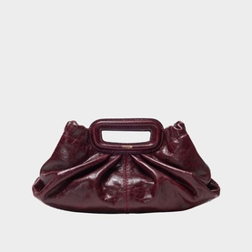Miu Miu burgundy patent leather clutch bag with structured top handle and gathered ruched body detail