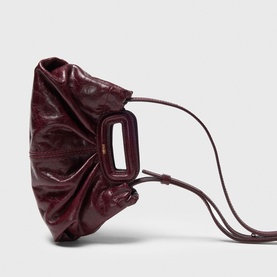 Burgundy crinkled leather clutch bag with square top handle, gold-tone hardware, and adjustable crossbody strap