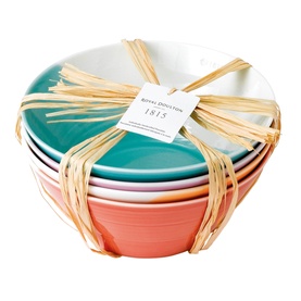 Royal Doulton 1815 multicoloured ceramic bowls set of four, stacked and tied with natural raffia ribbon gift wrap.