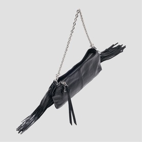 Maje red leather clutch bag with fringe detail and silver chain strap, zip fastening