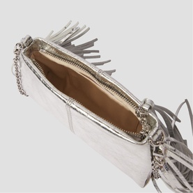 Maje silver metallic clutch bag with fringe detail, open zip top, chain strap, and tan interior lining visible