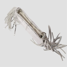 Maje silver metallic clutch bag with tassel fringe trim and zip fastening, flat lay view