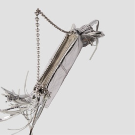 Maje silver metallic clutch bag with fringe detail, silver chain strap and zip top closure