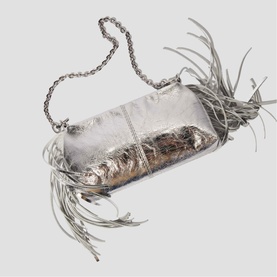 Maje red metallic clutch bag with silver chain strap and feather fringe trim detailing