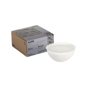 Alessi Rocc Candle Refill Small in Basalt, white three-wick bowl beside branded gift box