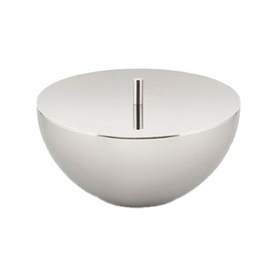 Alessi Candle Container with Lid Small, polished 18/10 stainless steel, round bowl form with slim vertical handle on lid