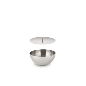 Alessi Candle Container with Lid Small in 18/10 stainless steel, polished silver finish, shown with lid lifted to reveal bowl interior