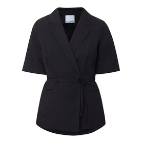 Aligne black linen-blend wrap blazer with short sleeves, notch lapels and self-tie waist belt