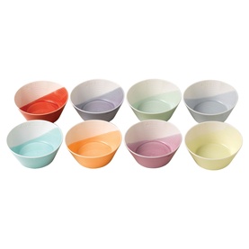 Royal Doulton set of 8 small ceramic bowls in assorted pastel multicolour tones, angled to show interior and exterior