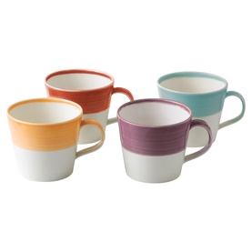 Royal Doulton set of 4 stacking mugs in multi colourway, featuring orange, yellow, teal and purple banded ceramic design.